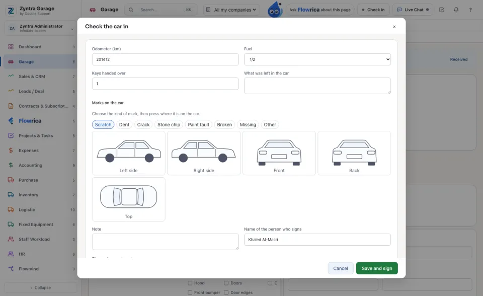 The check-in sheet with the marks on the car