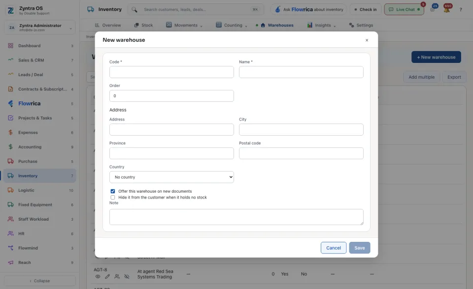 The New warehouse form