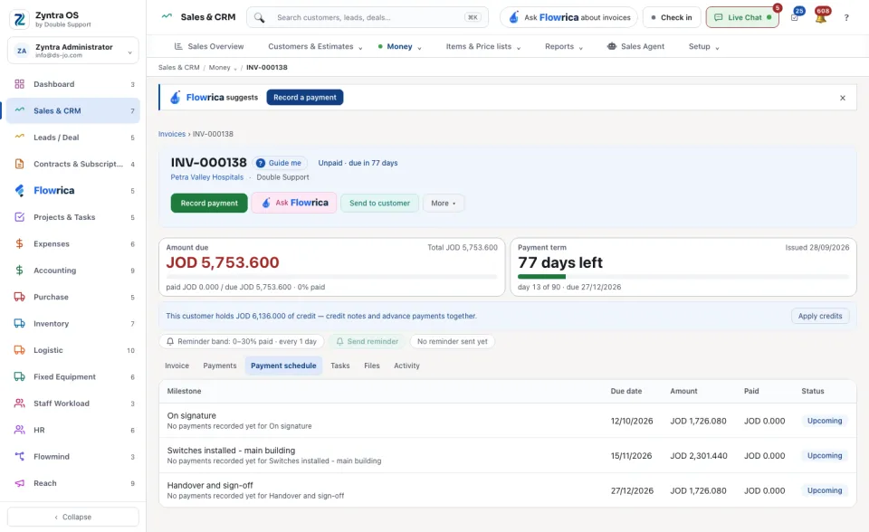 An unpaid invoice: the amount due and the days left under its head, and its Payment schedule tab