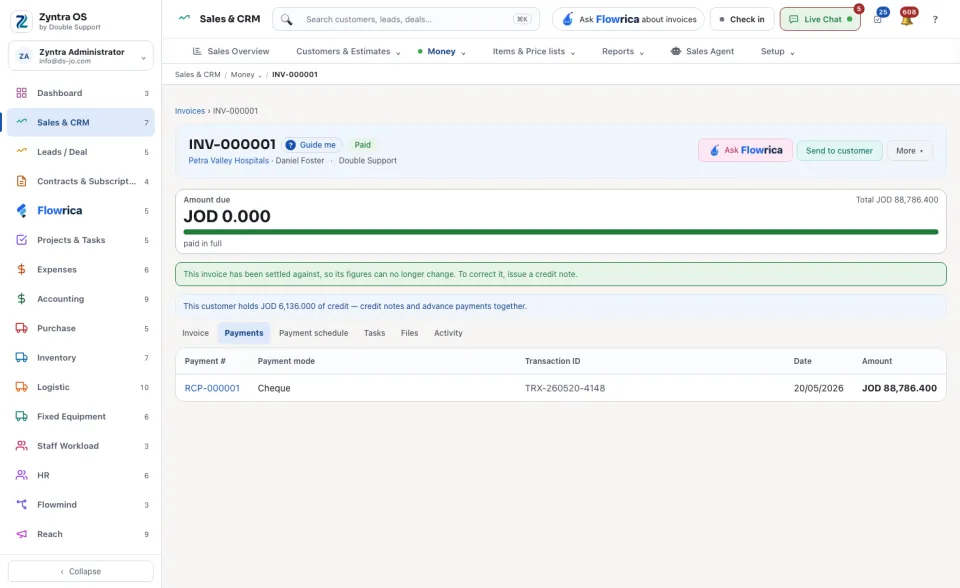 An invoice's page, Payments tab