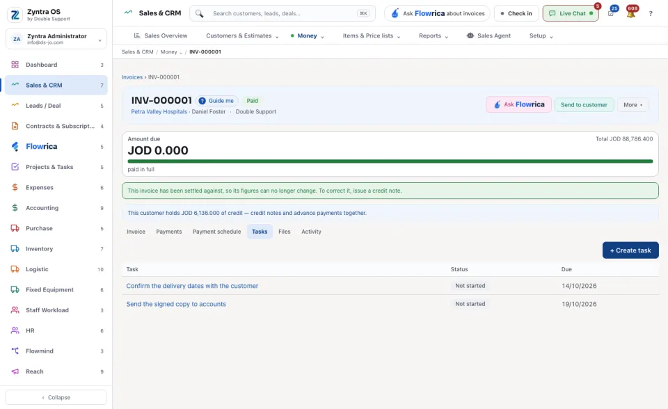 An invoice's page, Tasks tab