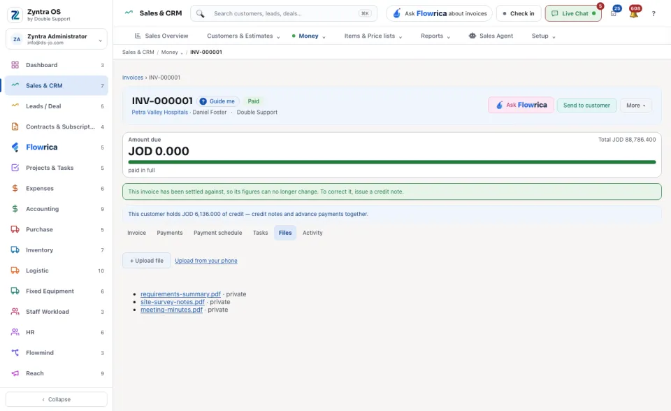 An invoice's page, Files tab