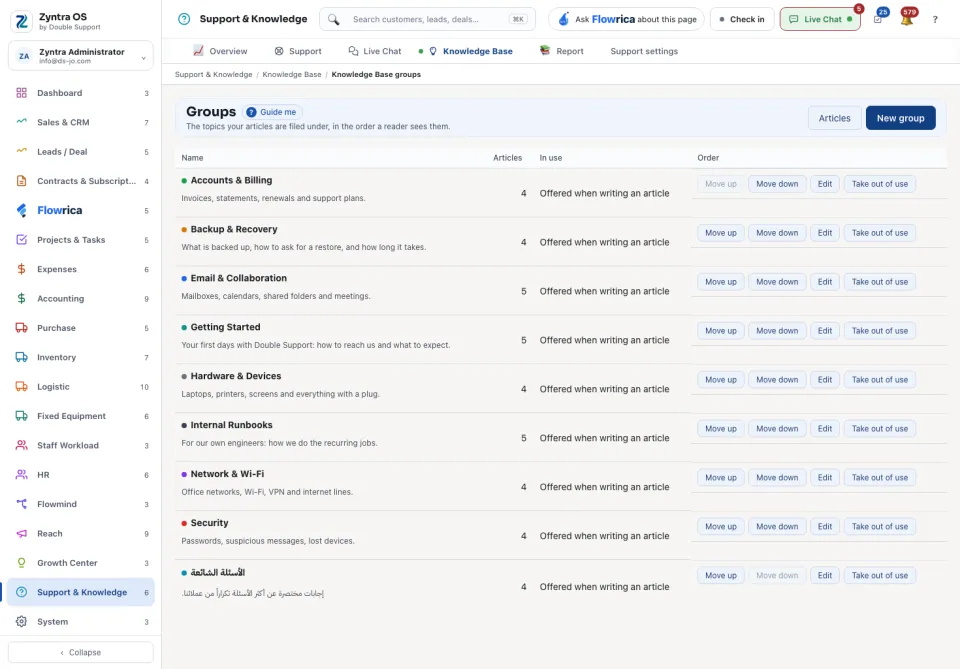 The Groups screen