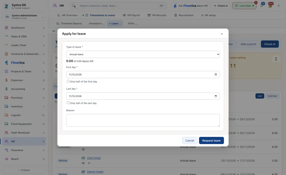 The Apply for leave form