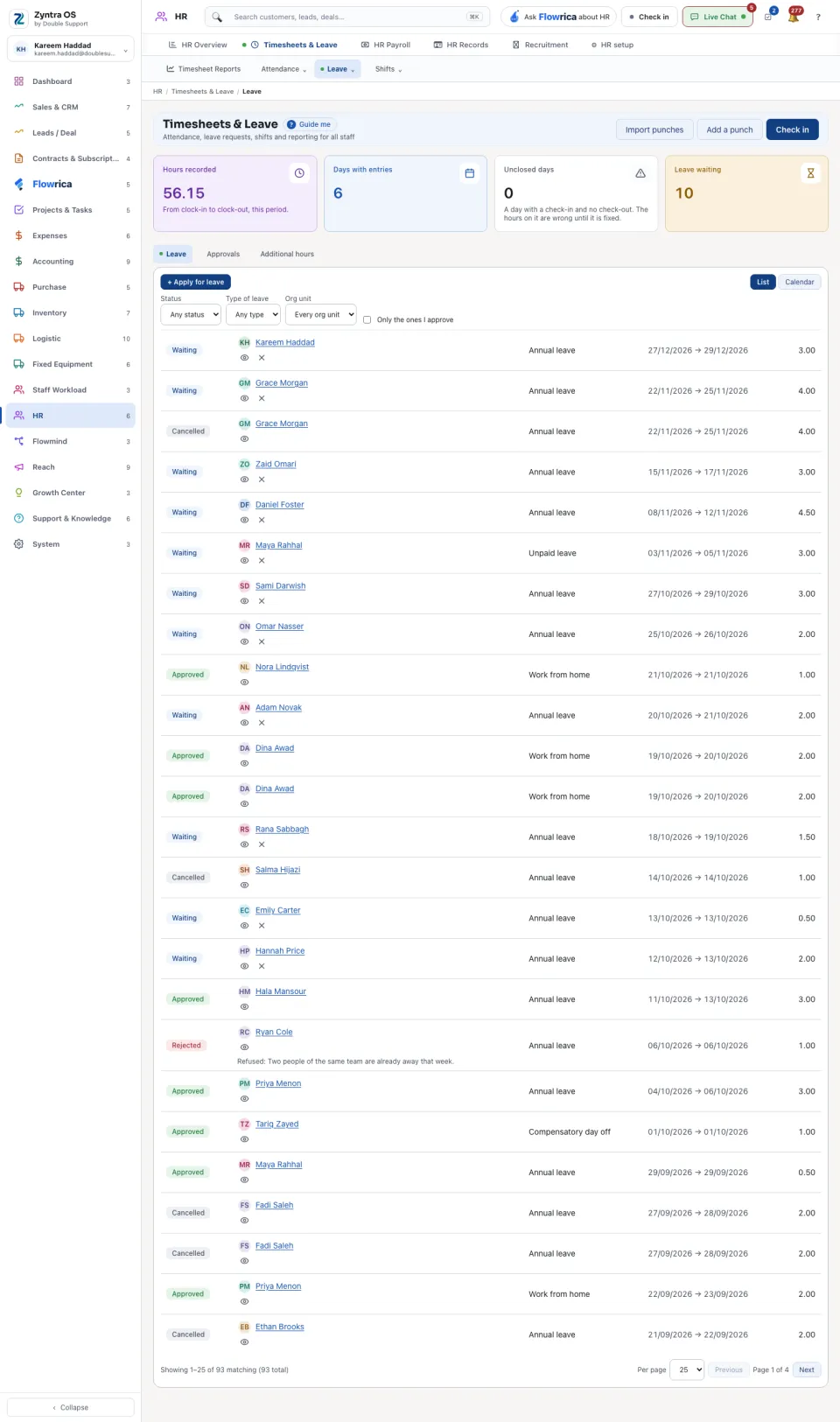 The Leave tab: every request with its state