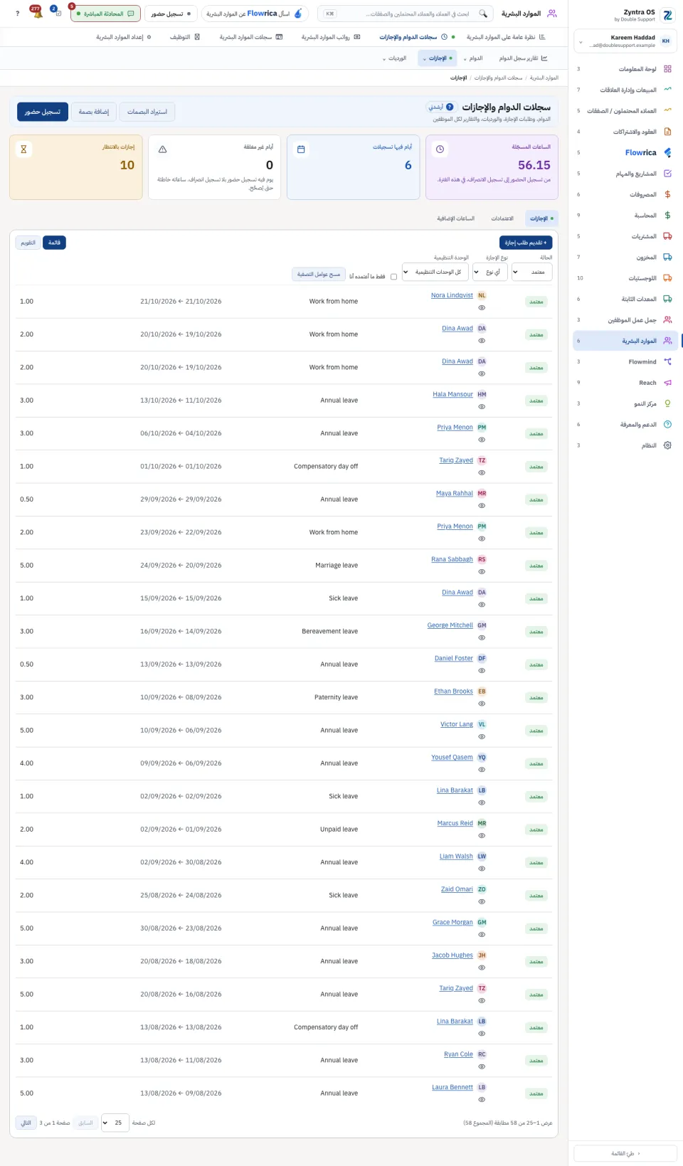 تبويب الإجازات بعد تضييقه إلى الطلبات الموافق عليها
