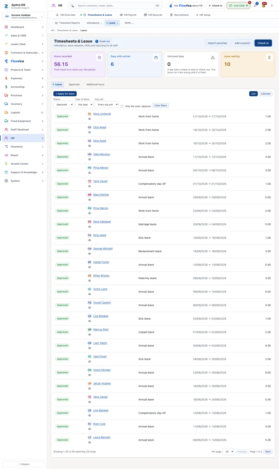 The Leave tab narrowed to the approved requests