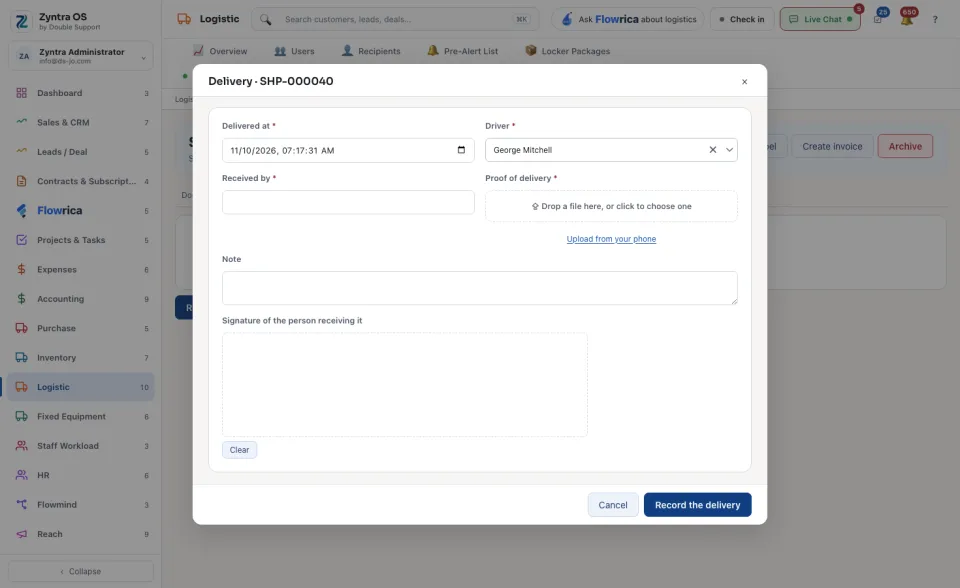 Recording the delivery