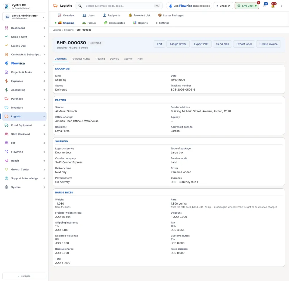 A shipment’s page: the Document tab