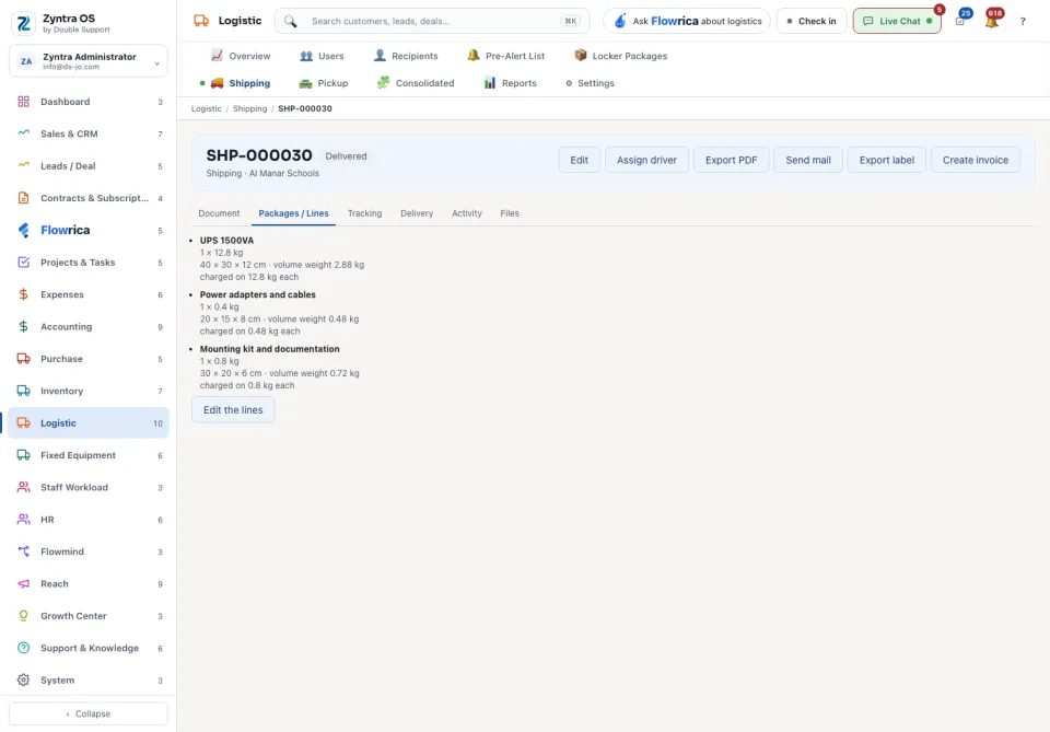 The Packages / Lines tab