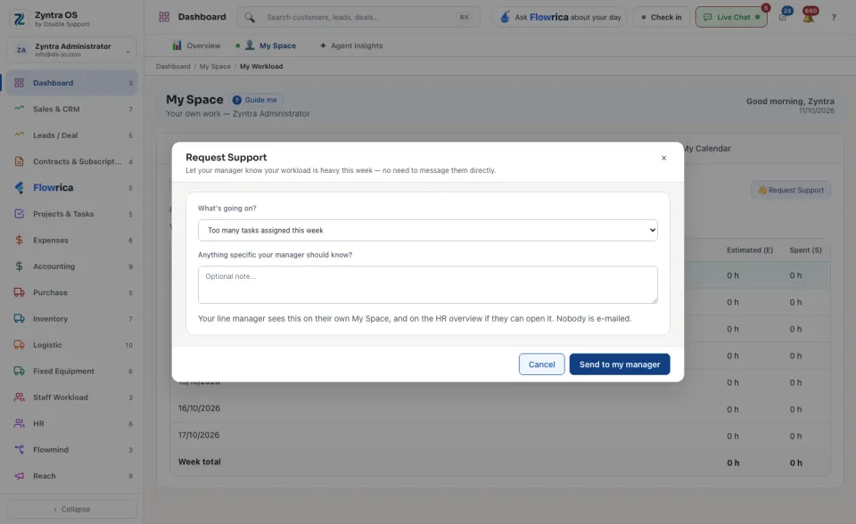 The Request Support form