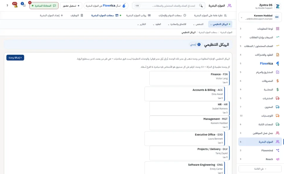 إعداد الموارد البشرية › الهيكل التنظيمي: مربع لكل وحدة تنظيمية