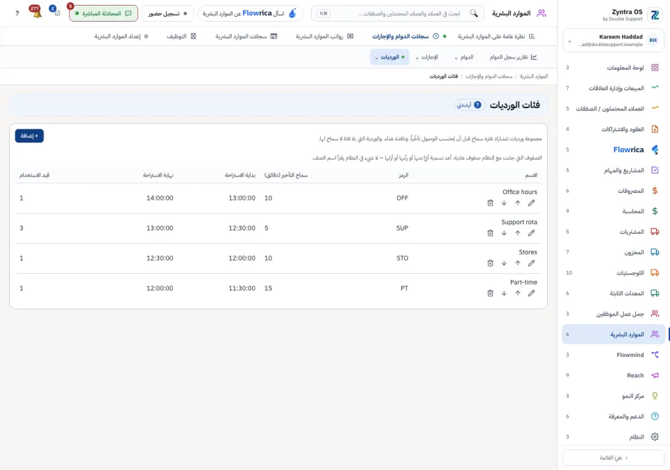 إعداد الموارد البشرية › فئات الورديات