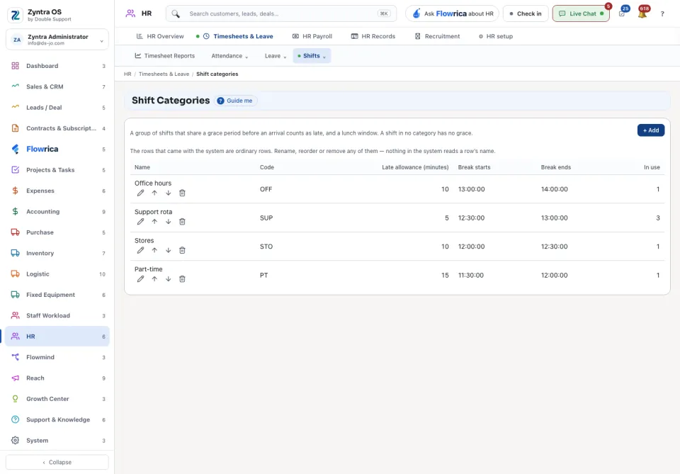 HR setup › Shift categories