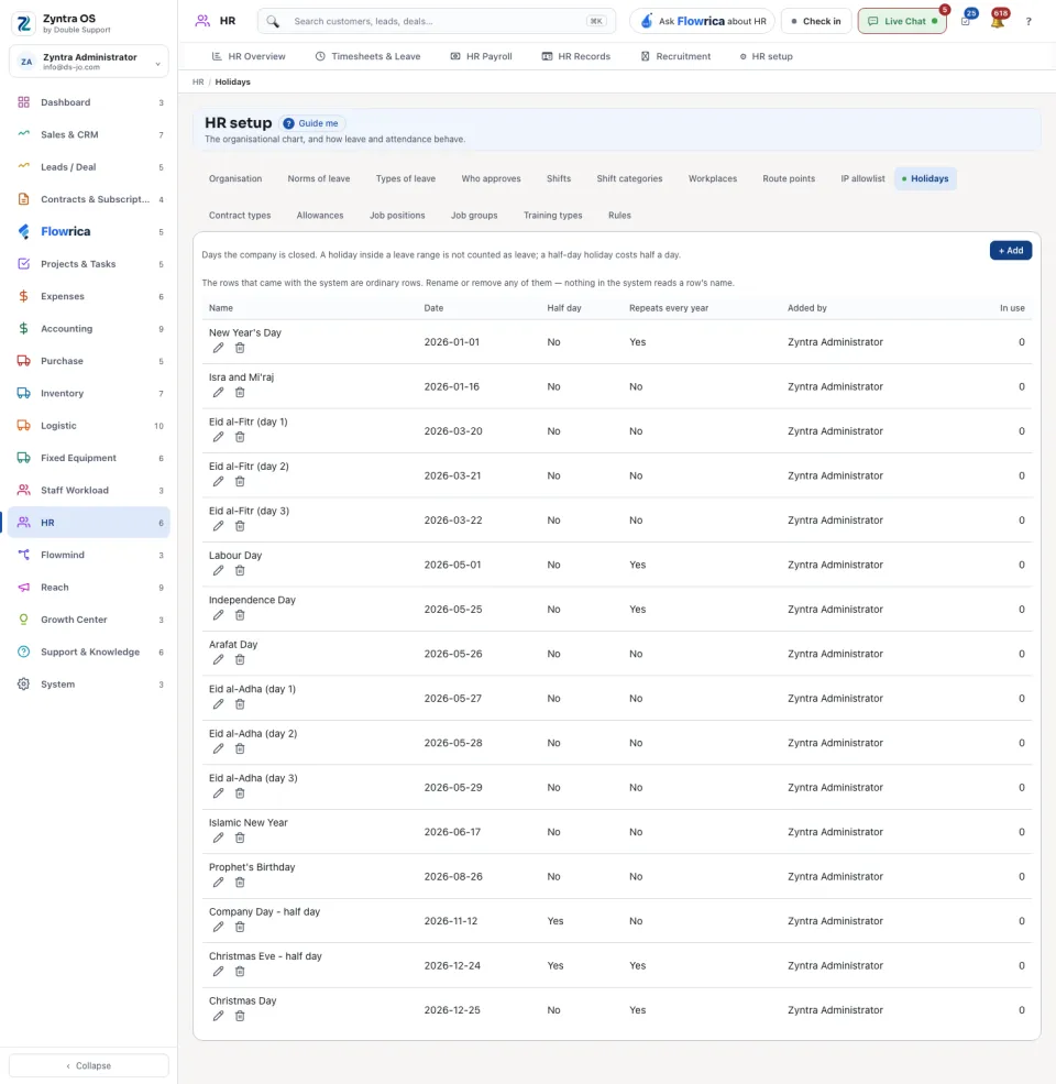 HR setup › Holidays: the days the company is closed
