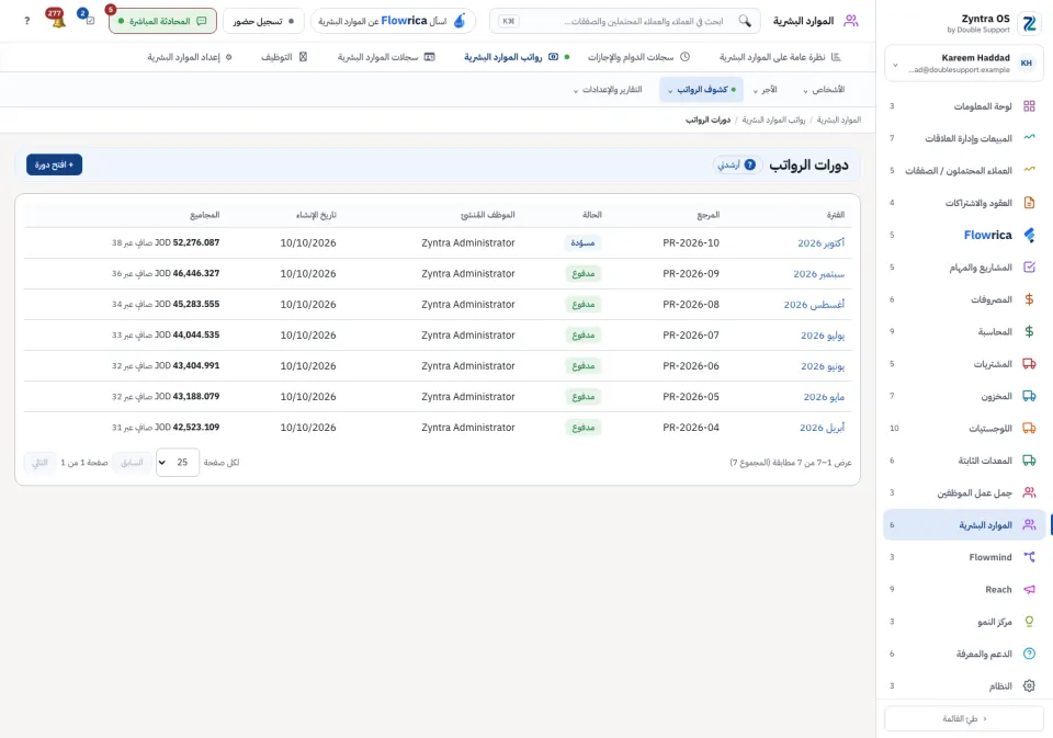 مسيّرات الرواتب: كل مسيّر مع فترته ومرجعه وحالته وصافي مجاميعه