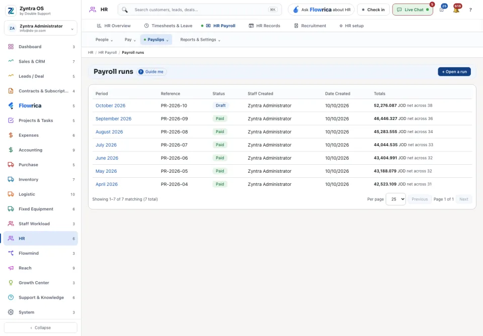 Payroll runs: each run with its period, reference, status and net totals