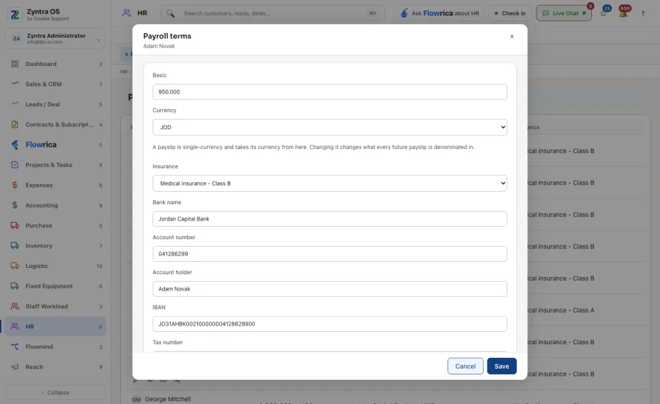 The Payroll terms form of one person