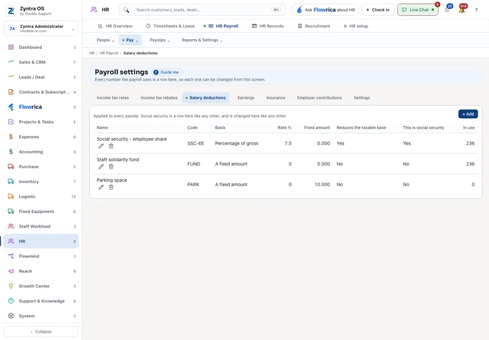 Payroll settings: salary deductions