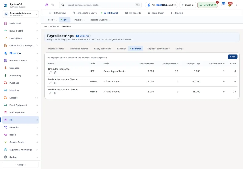 Payroll settings: the insurance plans