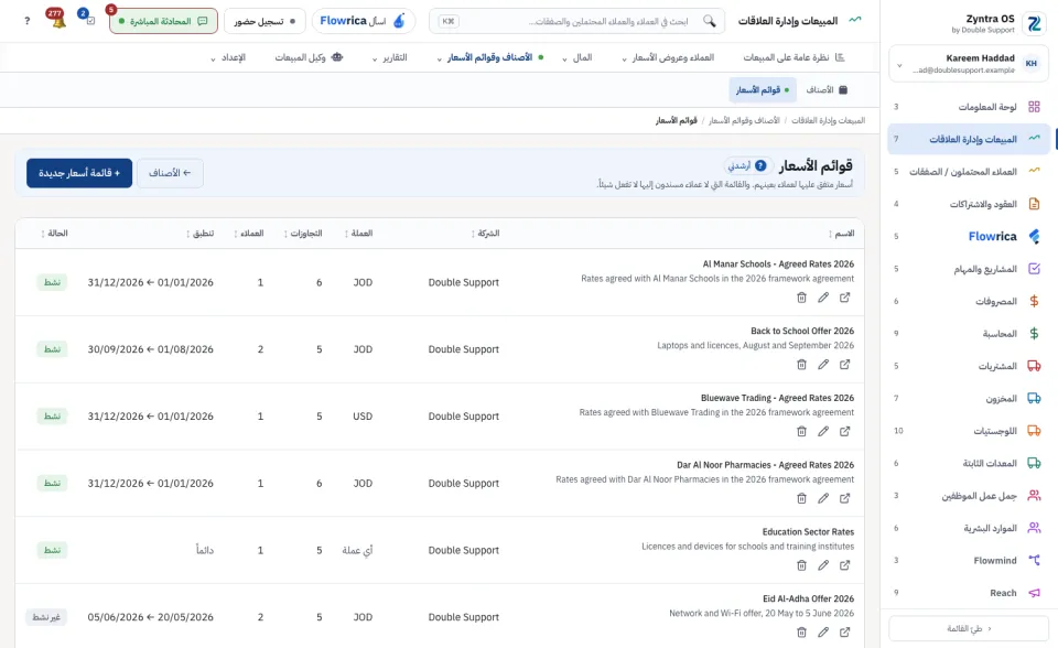 شاشة قوائم الأسعار