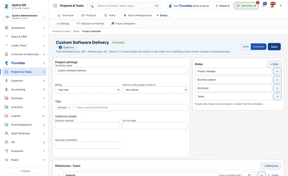 A template's page: its settings, roles, milestones and tasks