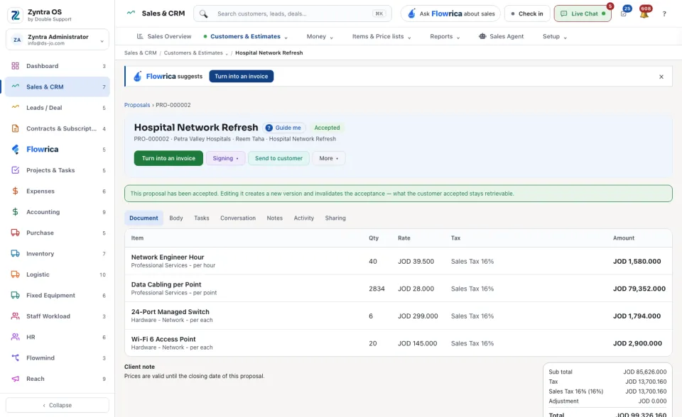 A proposal's page, Document tab