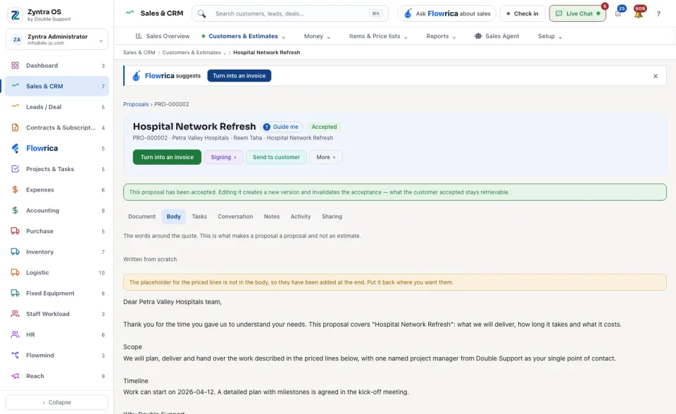 A proposal's page, Body tab