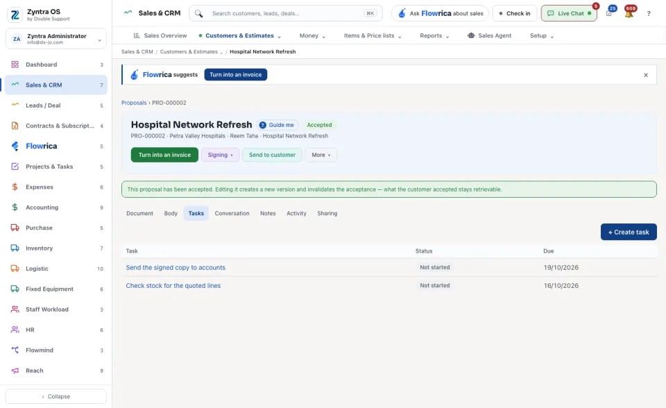 A proposal's page, Tasks tab