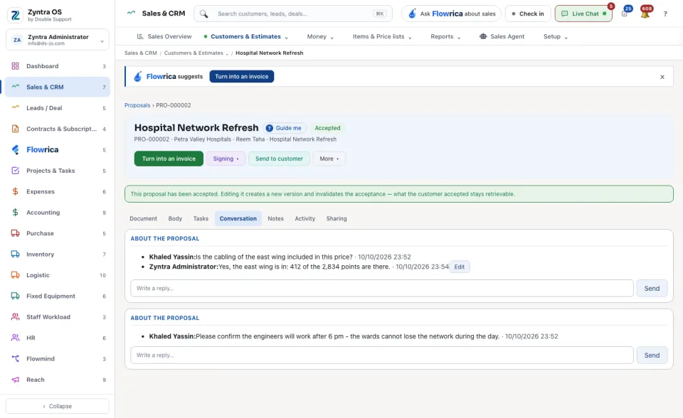 A proposal's page, Conversation tab