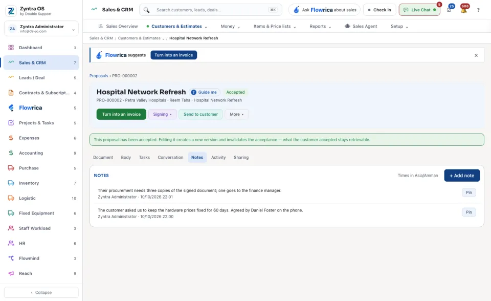 A proposal's page, Notes tab