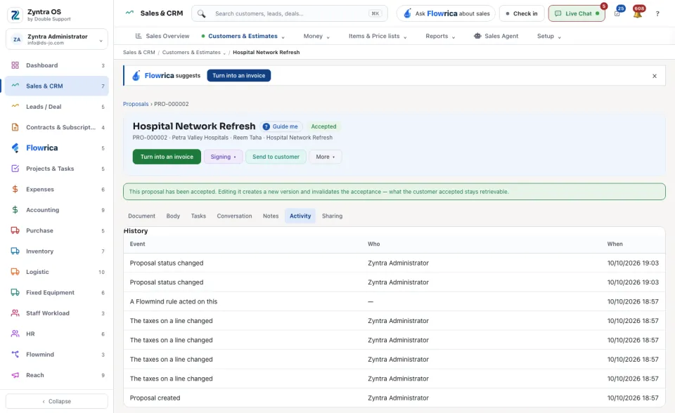 A proposal's page, Activity tab