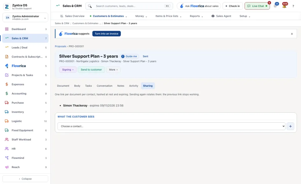 A proposal's page, Sharing tab
