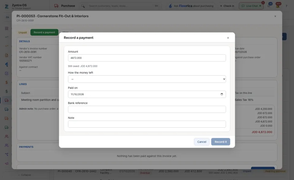 Record a payment on a vendor invoice