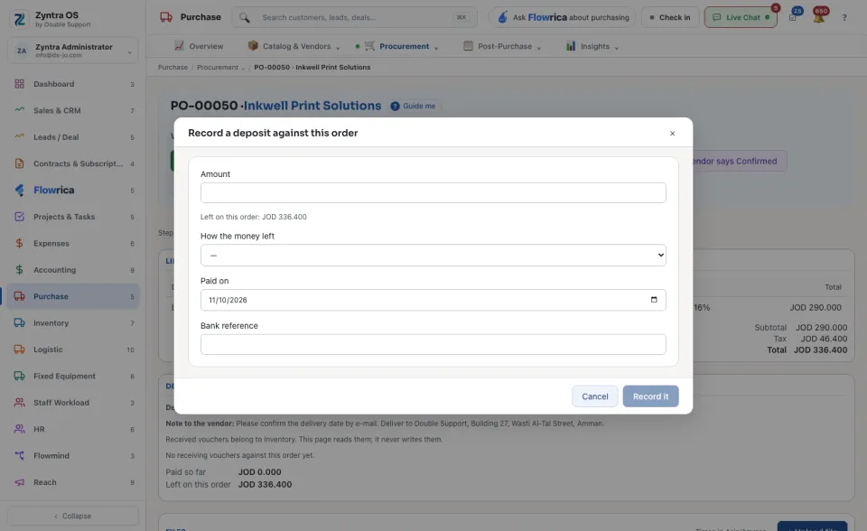 Record a deposit against an order