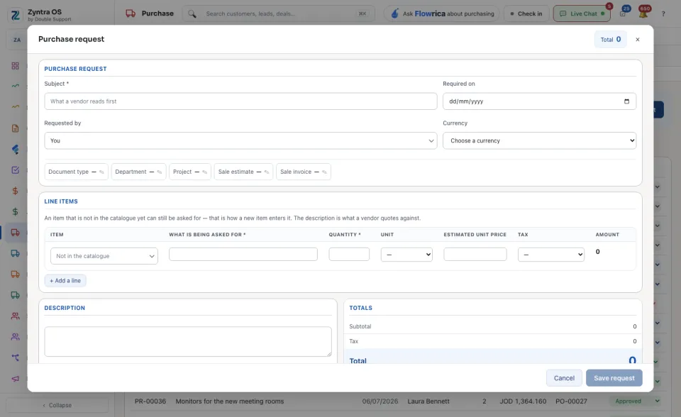 The Purchase request form