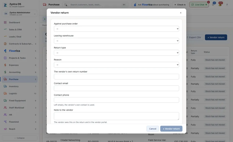 The Vendor return form