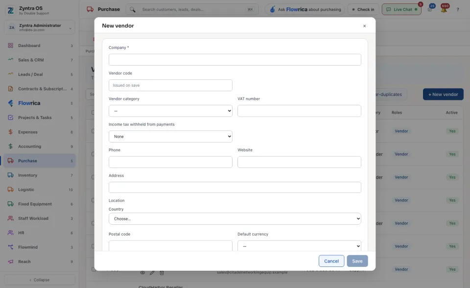 The New vendor form