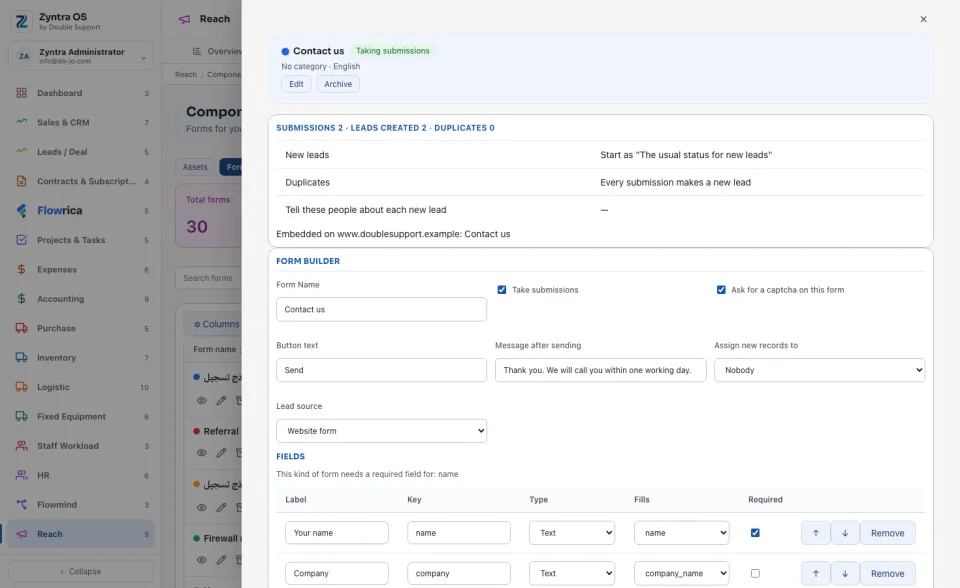A form opened in the form builder