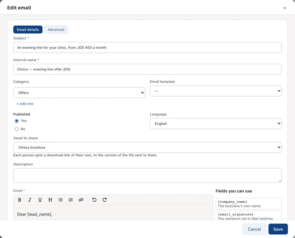 An email's form: its subject, name, language and text
