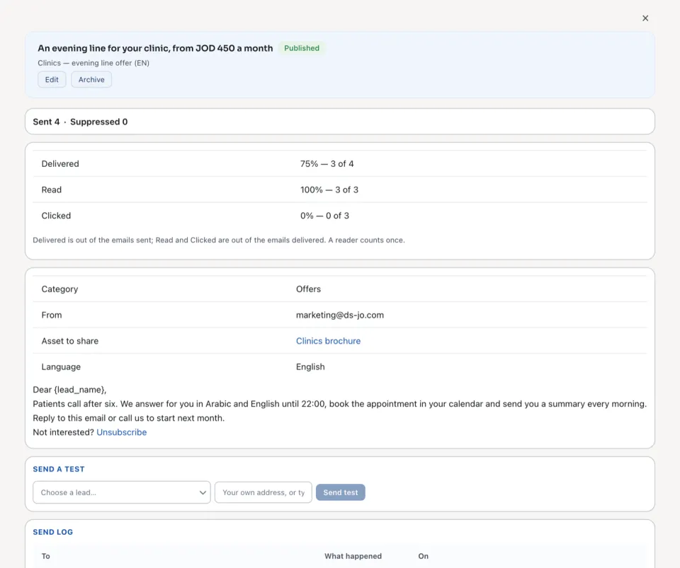 An email opened: its counts, its details and its text
