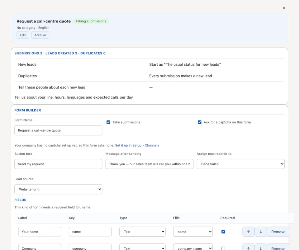 A Reach form opened: its numbers, its new leads and its builder