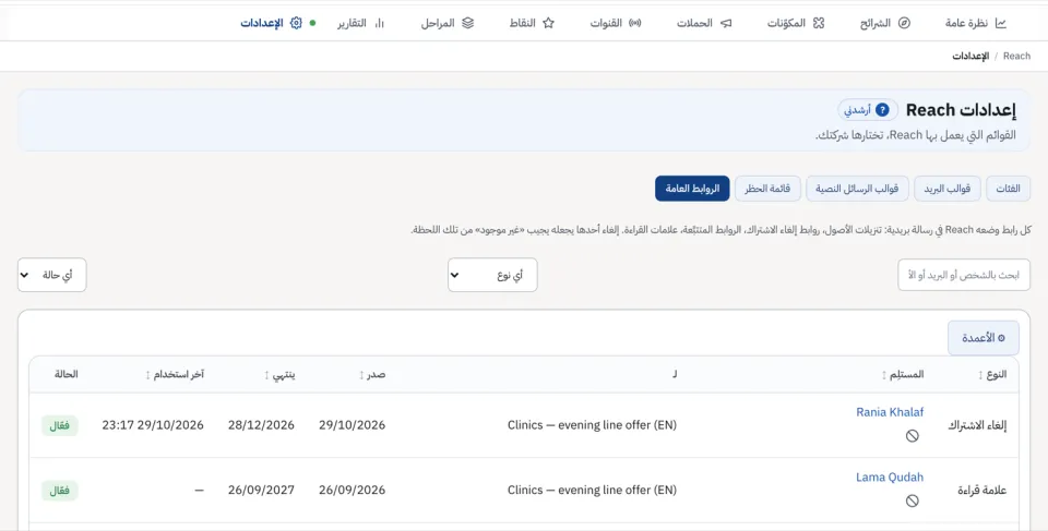 قائمة الروابط العامة بأنواعها وحالاتها