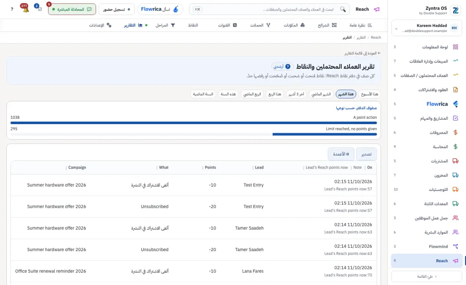 تقرير العملاء المحتملين والنقاط