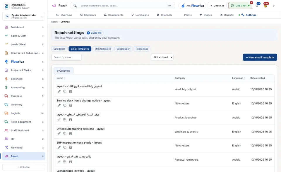 Reach settings, Email templates