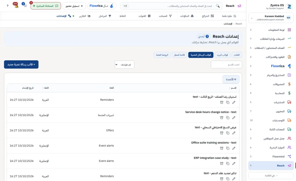 إعدادات Reach، قوالب الرسائل النصية