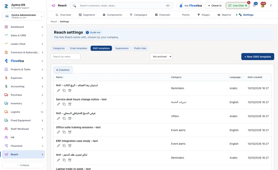 Reach settings, SMS templates