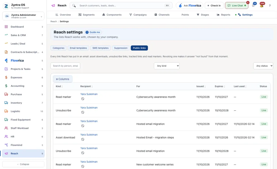 Reach settings, Public links