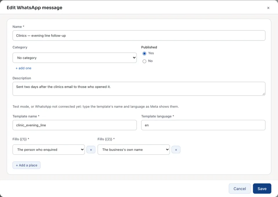 A WhatsApp message's form: its template and the fields that fill its places