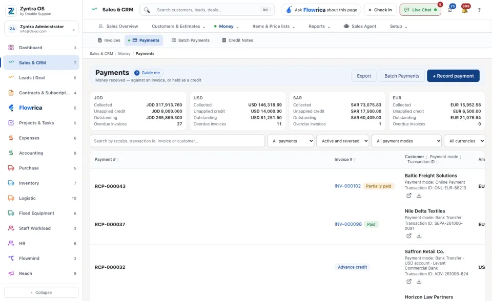 The Payments screen